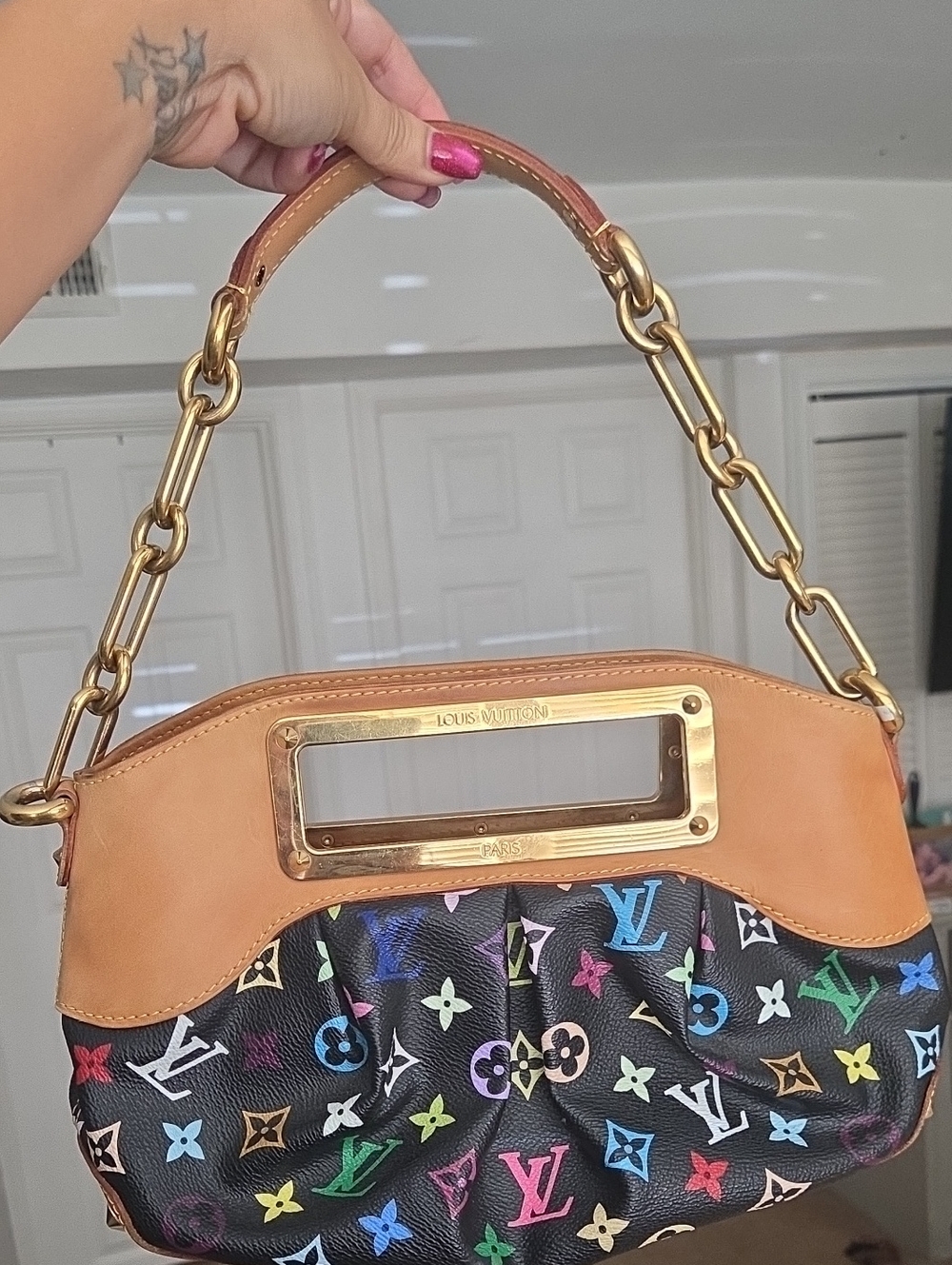 Louis Vuitton PM Judy Multicolor Monogram Black Canvas and Tan Leather Handbag